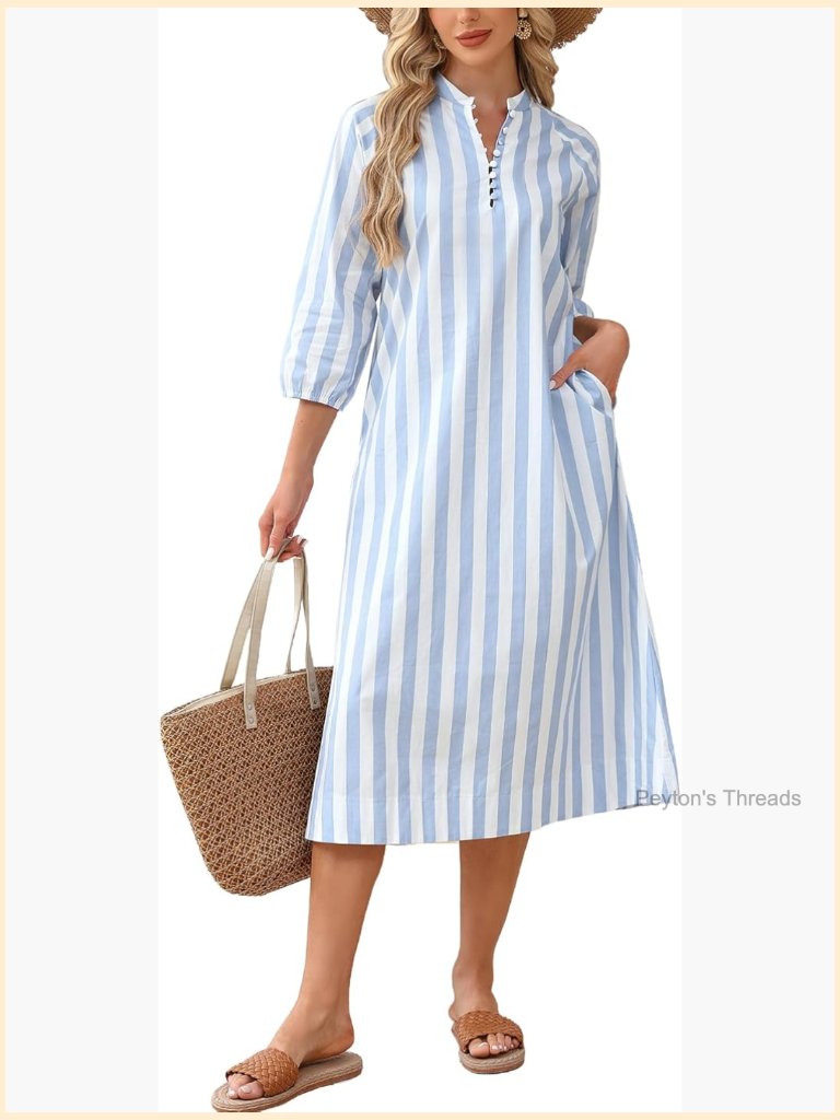 Striped Maxi Cotton Shift Dress With Pockets 3/4 Sleeve Button Down